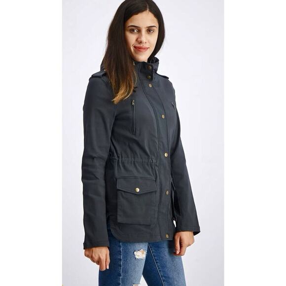 Eden Society Holly Hooded Utility Cargo Jacket L Dark Gray Drawstring Waist - Picture 2 of 14